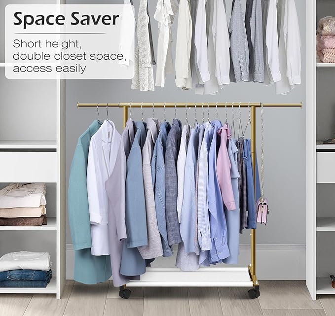 MISSLO Short Clothing Racks for Hanging Clothes with Bottom Shelves and Wheels Heavy Duty Rolling Clothes Rack Kids Clothing Rack for Adult Coat, Closet, Wardrobe (Gold)