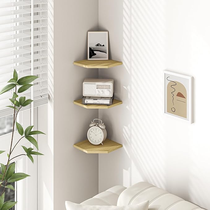 Corner Shelf Wall Mount, Floating Corner Shelves, Set of 3 Corner Wall Shelf Organizer, Rustic Wood Wall Storage Display Shelves for Living Room Bedroom Bathroom Kitchen, Rustic Brown, Oak