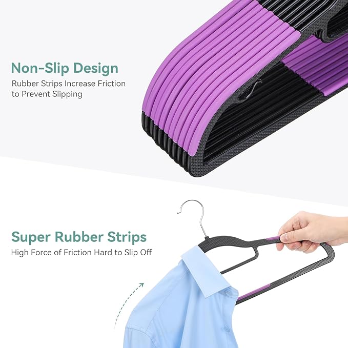 Pack of 50 Coat Hangers, Space-Saving Plastic Clothes Hangers, Non-Slip, 0.2 Inches Slim, 360° Swivel Silver Hook for Shirts, Pants, Suit & Wet/Dry Garments, Purple and Black