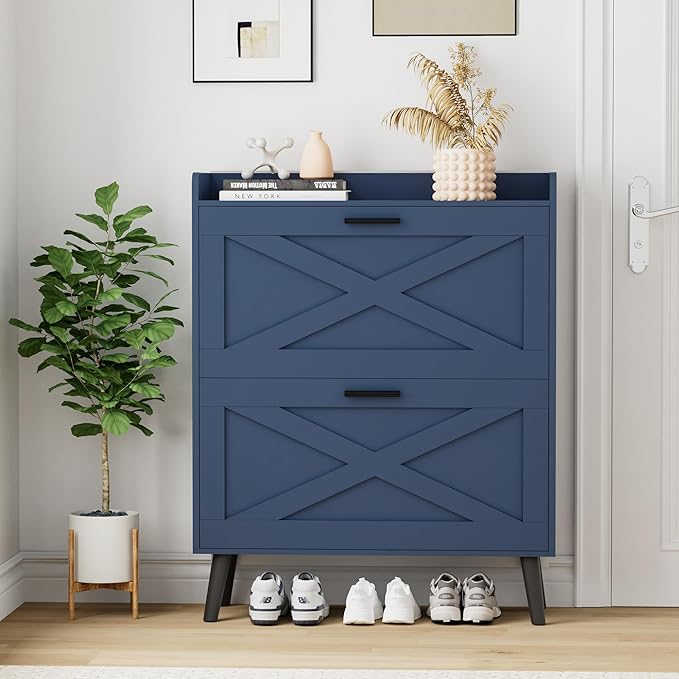 32" W Farmhouse Shoe Storage Cabinet with 2 Flip Drawers and Barn Door Design, Adjustable Shelves, Modern Hidden Slim Narrow Shoe Rack Cabinet for Entryway, Foyer, Hallway, Living Room, Blue