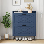 32" W Farmhouse Shoe Storage Cabinet with 2 Flip Drawers and Barn Door Design, Adjustable Shelves, Modern Hidden Slim Narrow Shoe Rack Cabinet for Entryway, Foyer, Hallway, Living Room, Blue