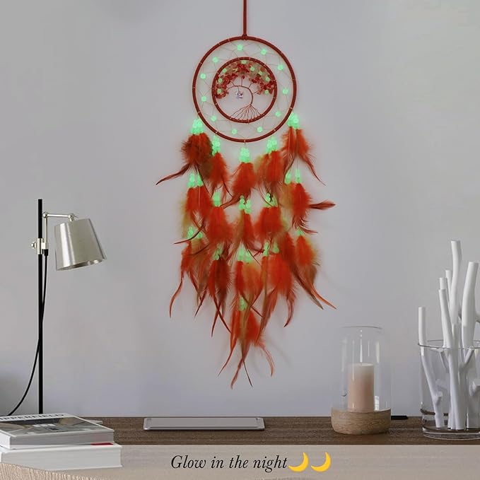 Pretty Jolly Orange Tree of Life Dream Catcher Wall Decor with Luminous Beads Handmade Crystal Stones Dreamcatchers Wall Hanging with Small Butterfly Pendant for Bedroom Wedding Party Wish Gift