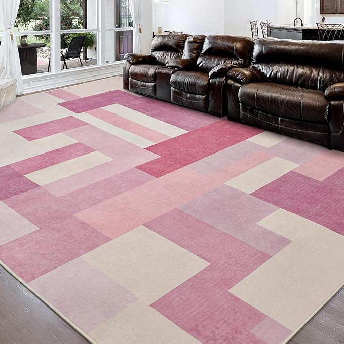 FlyDOIT Modern Geometric Patchwork Area Rug, 8x10 Pink Large Rugs for Living Room, Rockwood Collection Indoor Rugs for Bedroom, Throw Carpet Floor Decor for Entryway Dining Room Office Nursery