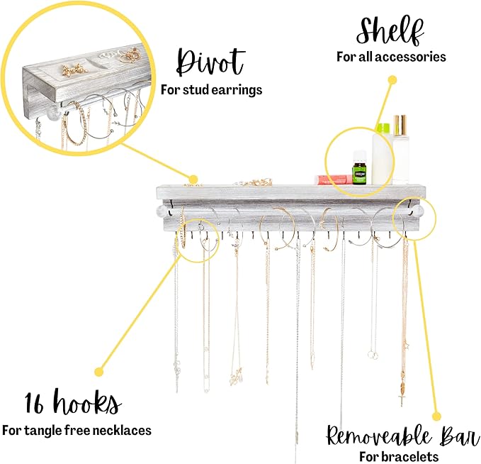 Rustic Necklace Jewelry Organizer - Gray White Wall Mount Jewelry Holder - Mounted Hanging Jewelry Storage Hooks for Necklace, Earrings, and Rings - Farmhouse Wood Decor Bedroom Boho Shelf Rack