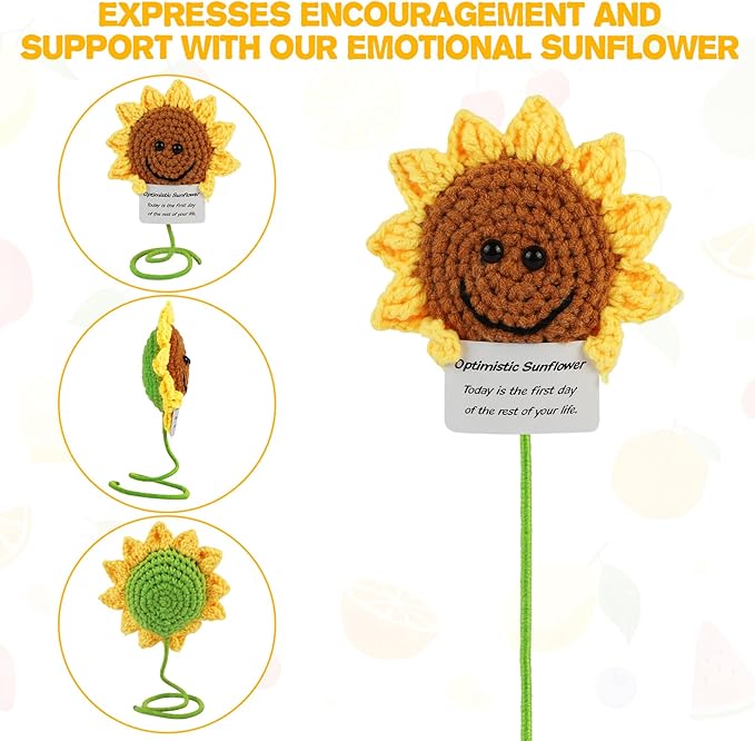 DAFURIET Mini Funny Sunflower, 3 inch Knitted Wool Doll with Optimstic Card for Cheer Up Gifts and Party Decorations, Cute Wool Sunflower Crochet Doll for Birthday Gifts