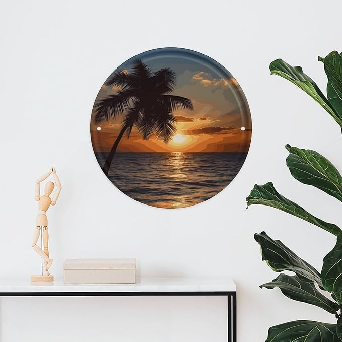 Wall Picture, with Sunset Palm Tree Ocean Printed Circular Iron Hanging Picture,Wall Art Decor,Home for Bedroom Living Room Bathroom Decor,Iron Painting 11.8X11.8 in