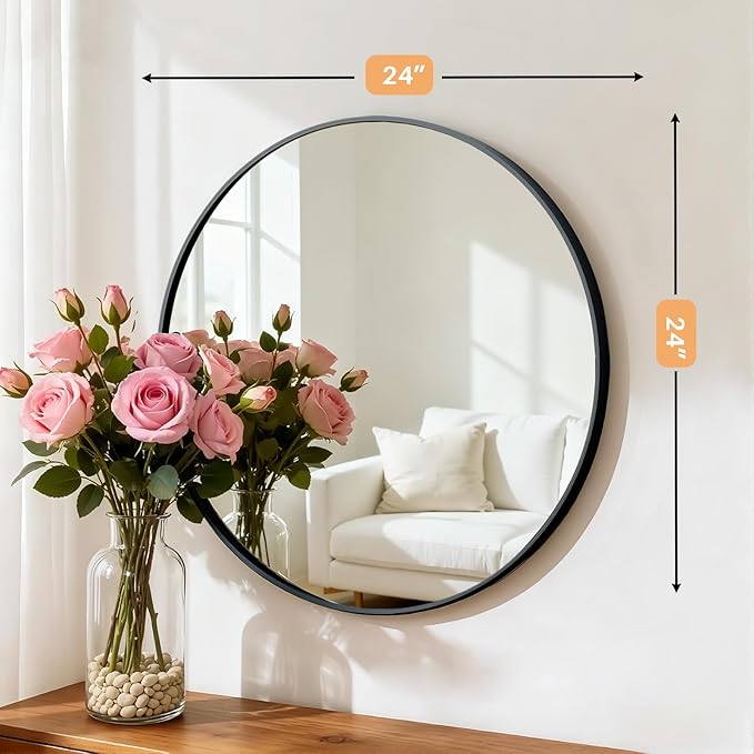 Bathroom Mirror for Wall, 24 Inch Round Mirror, Matte Black Metal Framed Circle Vanity Mirror for Bathroom Bedroom Living Room Entryway, Anti-Rust, Tempered Glass, Hanging or Leaning