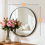 Bathroom Mirror for Wall, 24 Inch Round Mirror, Matte Black Metal Framed Circle Vanity Mirror for Bathroom Bedroom Living Room Entryway, Anti-Rust, Tempered Glass, Hanging or Leaning
