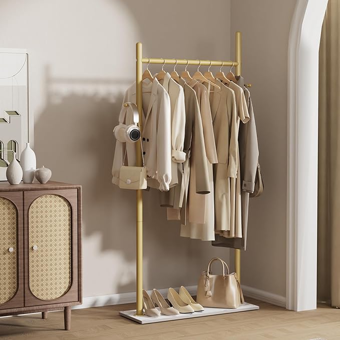 Nianerfaya Coat Hanger Stand with 2 Hooks, Standing Garment Storage for Indoor - Coat Tree for Hanging Clothes for Bedroom - 25.6" Wide Heavy Duty Clothe Rack Metal Clothing Hanger Rack (Gold)