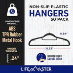 Lifemaster Versatile Clothes Hanger Set - 50 Pieces Space-Saving Dry and Wet Clothes Hanger Set with 360° Swivel Hook and Non-Slip Rubber Design - Black