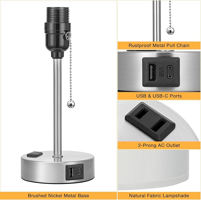 Dicoool Grey Bedroom Lamp for Nightstand - 3 Color Temperature Table Lamp with USB C and A Ports, Pull Chain Bedside Lamp with AC Outlet, Desk Lamp with Silver Metal Base for Kids Girls