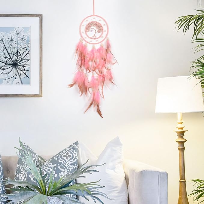Pretty Jolly Pink Tree of Life Dream Catcher Wall Decor with Luminous Beads Handmade Crystal Stones Dreamcatchers Wall Hanging with Small Butterfly Pendant for Bedroom Wedding Party Wish Gift