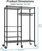 VIPEK R4 Garment Racks Heavy Duty Clothes Rack -620lb Capacity Metal Frame, Rolling Lockable Wheels & 6 Tiers Adjustable Height Shelves & Hanger Rods, Sturdy Wardrobe Closet for Home Storage, Black