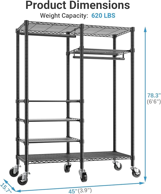 VIPEK R4C Portable Closet Rolling Clothes Rack Heavy Duty Adjustable Wardrobe Metal Garment Racks with Lockable Wheels Black Clothing Rack with Black Upgraded Polyester Cover, Max Load 620lbs