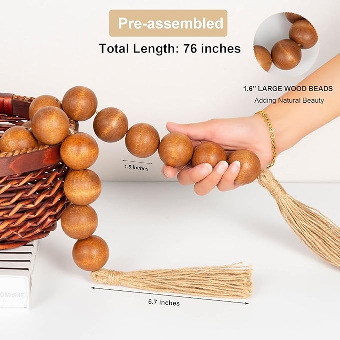 OMISHE 76" Long Extra Large Wood Bead Garland with 1.6" Diameter Wooden Beads and Tassels, Rustic Farmhouse Country Decorative Beads for Home Tiered Tray Decor, Brown