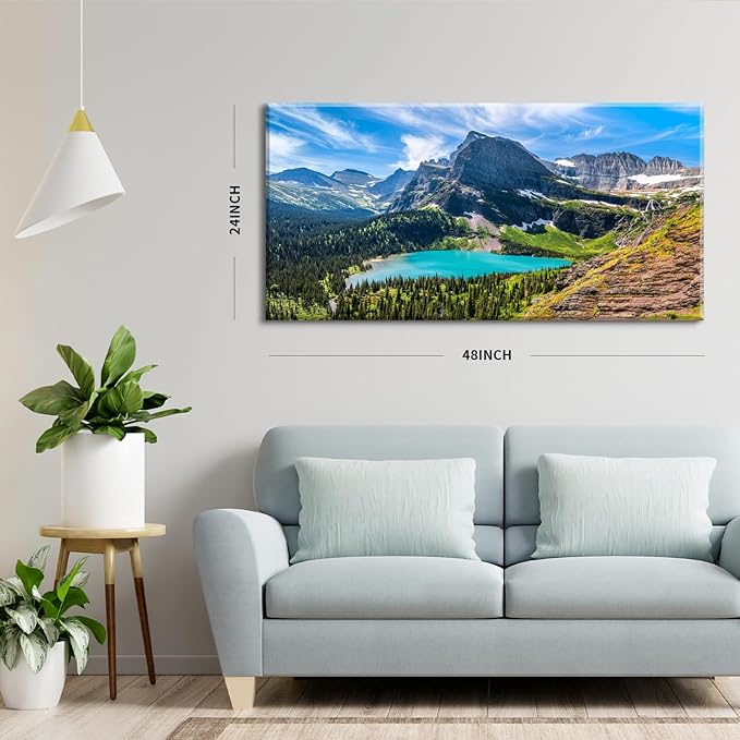 Mountain Canvas Wall Art Teal Saint Mary Lake Landscape Wall Decor Glacier National Park Canvas Poster Modern Nature Scenic Painting Artwork for Living Room Bedroom Office Home Decorations 24x48"