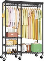 Ulif F4R Heavy Duty Clothes Rack（With Lockable Wheels ） Rolling Clothing Racks for Hanging Clothes，Adjustable Closet Organizer System，Portable Garment Rack 45"W x 15.8"D x 73.5"H，Max Load 650LBS，Black