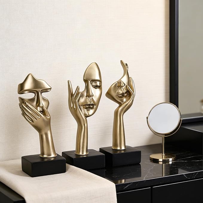 3 Pcs Thinker Large Statue Set - Black Glod Art Abstract Home Accent Figurines for Living Room, Bedroom, Shelves, Office Desktop, Coffee Table Decor, Gift for Women (3 Pcs Black Glod, 9")