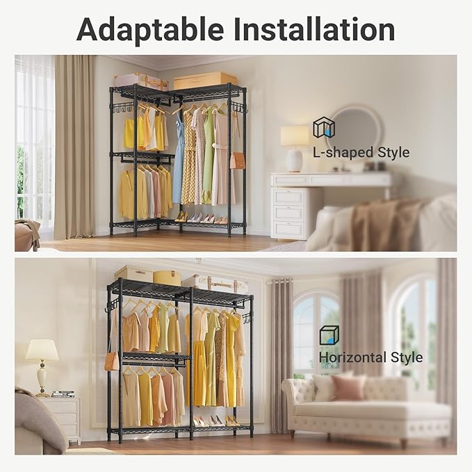 VIPEK L4 Garment Rack L Shaped Clothes Rack for Corner, Freestanding Portable Wardrobe Closet Heavy Duty Clothing Rack with 3 Hanging Rods & 2 Side Hooks, 43.3"Lx29.1"Wx76.4"H, Max Load 810LBS, Black