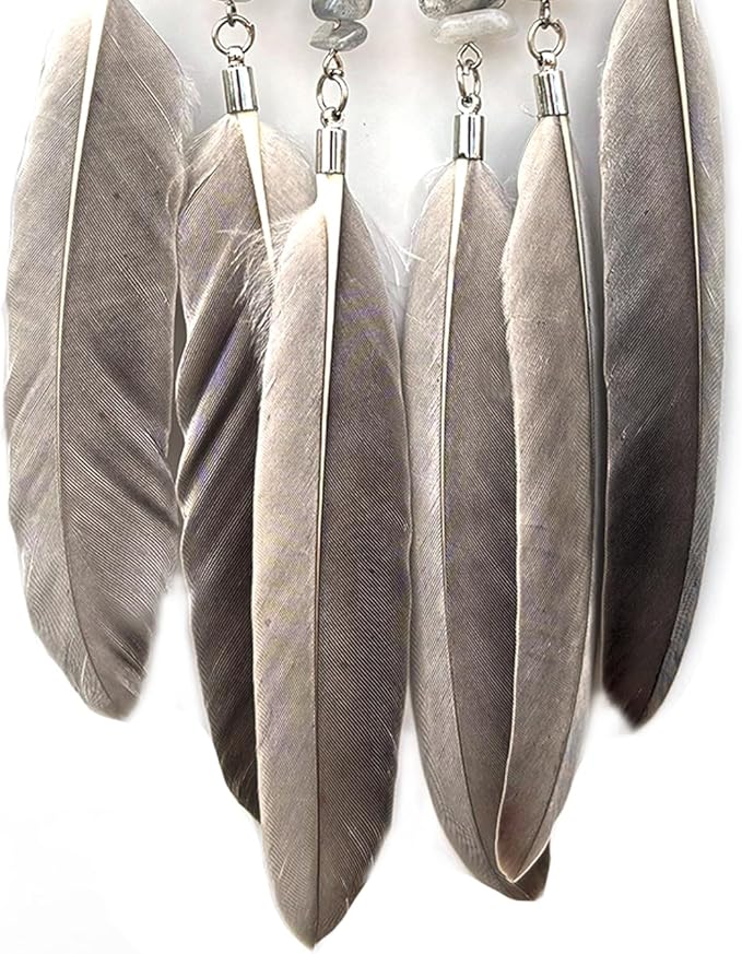 Car Rear View Mirrior Hanging Accessories Gray Dream Catcher Small, Crystals Stones Feather Pendant Interior Rearview Mirror Decoration
