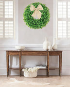 Vlorart 20 Inch Faux Round Boxwood Wreath, Weatherproof Wreaths for Front Door, Artificial Spring Summer Greenery Wreath with Sash for Farmhouse Wedding Year Round Indoor and Outdoor