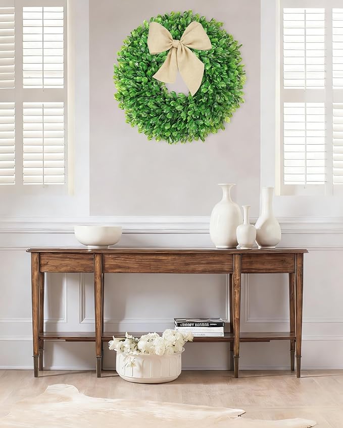 Vlorart 20 Inch Faux Round Boxwood Wreath, Weatherproof Wreaths for Front Door, Artificial Spring Summer Greenery Wreath with Sash for Farmhouse Wedding Year Round Indoor and Outdoor
