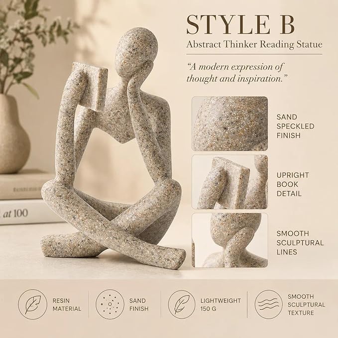 Bookshelf Decor Thinker Statue, Sand Abstract Reading Figurine Style B, Resin Decorative Bookend for Coffee Table, Shelf, Home Office, Library, Gift for Book Lovers