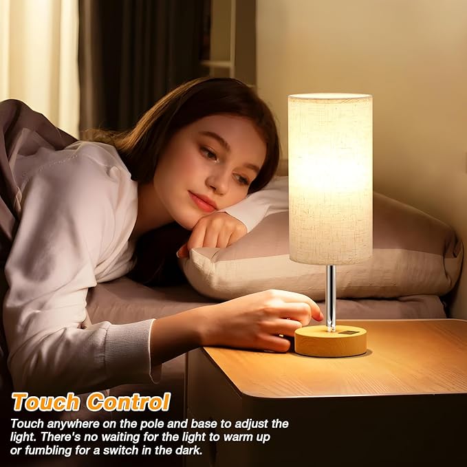 Touch Bedside Lamps Set of 2 - 3 Way Dimmable Table Lamps for Bedroom, Nightstand Lamp with Wooden Charging Station for Kids Room Dorm, Small Desk Lamp for Living Room, Office, Kids Room, Nursery