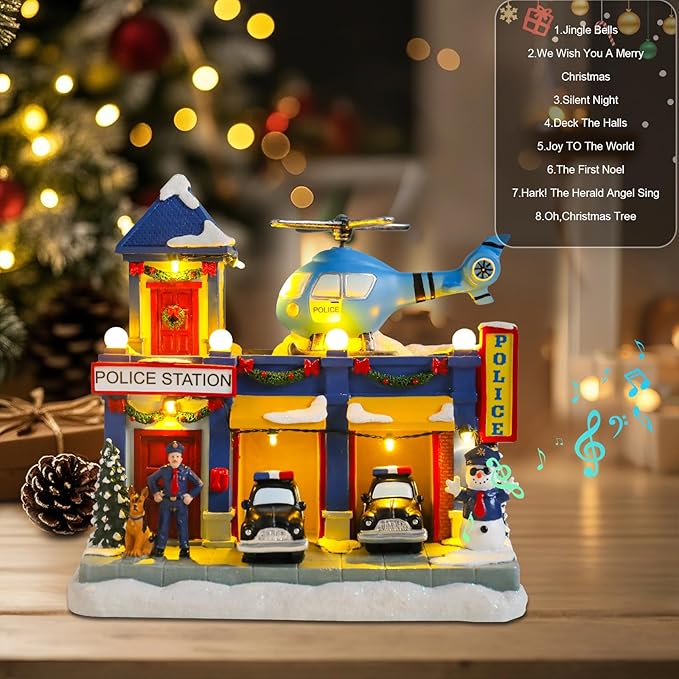 WONDER GARDEN Christmas Village Houses-Christmas Houses Village - Lighted Musical Police Station Collectible Buildings with Moving Car and Helicopter for Home Indoor Decor or Gift