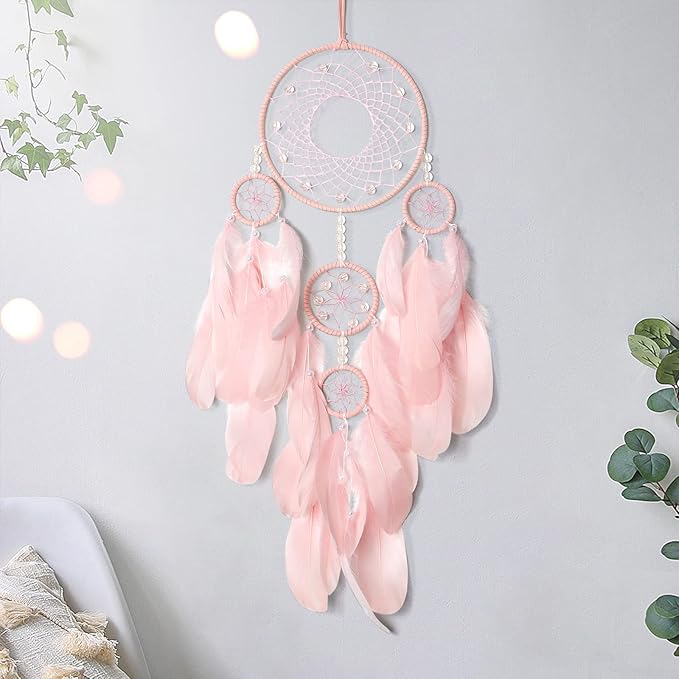 Pink Dream Catcher Wall Decor Handmade Feathers Dreamcatcher Wall Hanging Ornament Room Decor Craft Blessing Gift for Kids Boys Girls (Pink, No Light)