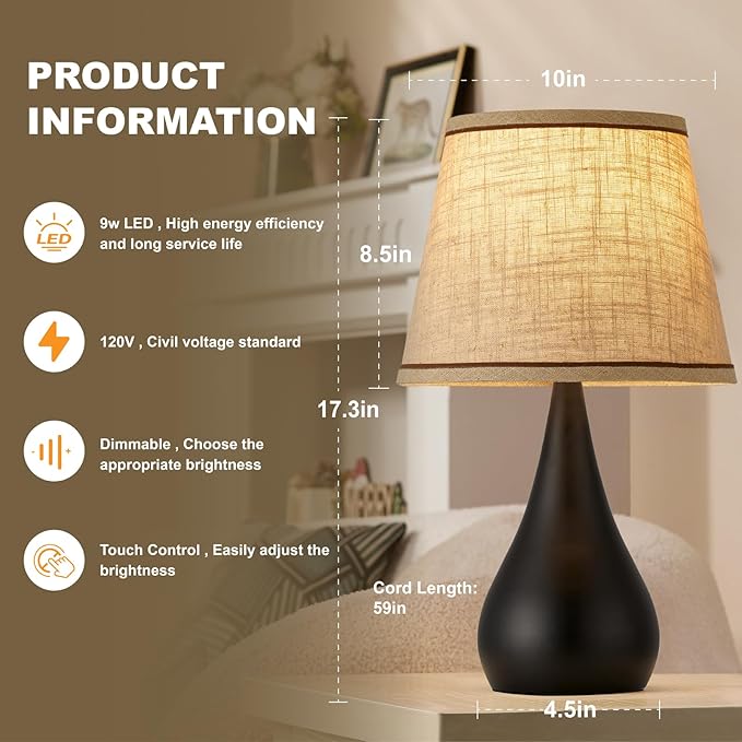17.3'' Modern Dimmable Touch Lamps for Nightstand 2pcs, Table Lamps for Living Room, Reading Desk Lamp for Office, Bedside Lamps with Iron Base, Small Lamp for Bedroom, Bulb Included, Black
