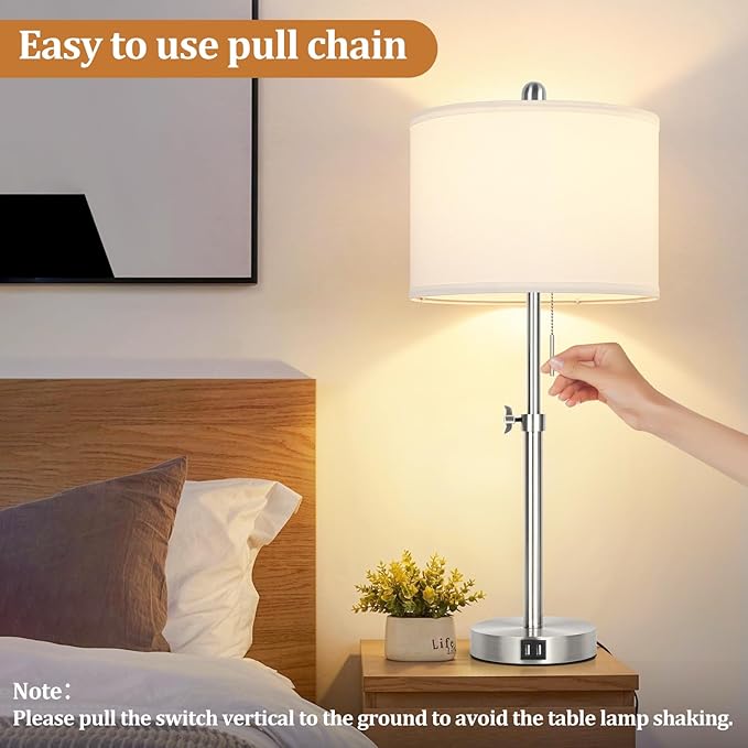 Kondras Table Lamp Set of 2 for Bedroom, Bedside Lamp with 2 USB Ports, 23" to 30" Height Adjustable Tall Table Lamp for Living Room End Tables, Modern Silver Nightstand Lamp with Pull Chain