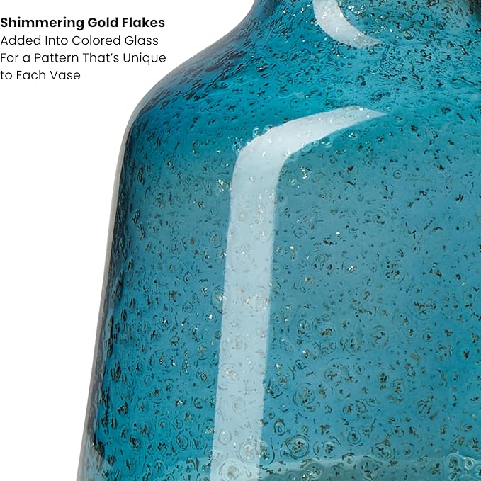 Torre & Tagus 10 Inch Tall Blue Glass Vase with Gold Flakes, Mouth Blown Glass Vase Blue Flower Vase Centerpieces, Watertight for Hydroponic Plants, Coastal Decor Accents (Marina)