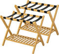 Luggage Racks Set Of 2 Suitcase Stand Foldable With Storage Shelf For Guest Room Hotel Essentials Solid Bamboo Heavy-Duty Item Holder Natural