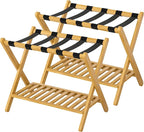 Luggage Racks Set Of 2 Suitcase Stand Foldable With Storage Shelf For Guest Room Hotel Essentials Solid Bamboo Heavy-Duty Item Holder Natural