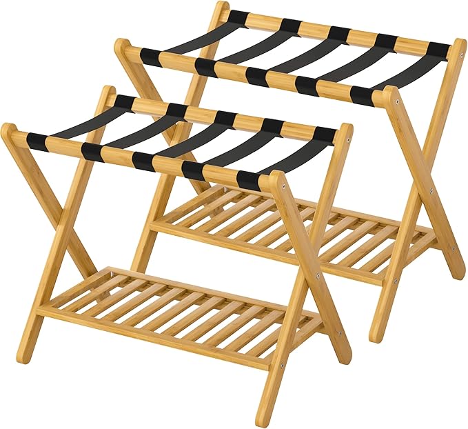 Luggage Racks Set Of 2 Suitcase Stand Foldable With Storage Shelf For Guest Room Hotel Essentials Solid Bamboo Heavy-Duty Item Holder Natural