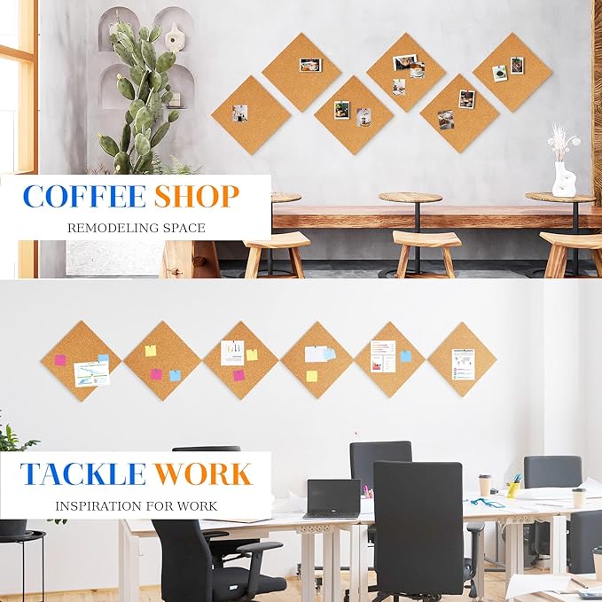DOLLAR BOSS Cork Board Tiles, 6 Packs 12" x 12" 1/2" Thick Cork Bulletin Board Self Adhesive Corkboards for Walls with 60 Pushpins for Home Office Kitchen School Decor Display