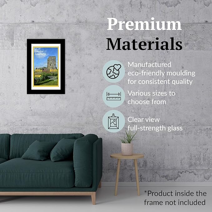 Creative Picture Frames 6.87 x 10 Magazine Frame with Full-Strength Glass, Holds Up To A 1/4" Thick Media with Installed Wall Hangers for Easy Mounting, 8x10 Manhattan Black Frame with White Mat