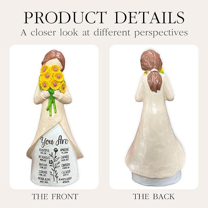 Christian Figurine for Women – “You are” Sunflower Resin Doll with Bible Verses – Hand-Painted Spiritual Statue Decor – Religious Faith Gift for Women – Home & Church Christmas Keepsake