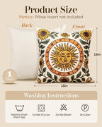 Embroidered Throw Pillow Cover 18x18 Inch - Spring Summer Boho Decorative Pillow Cover with Zipper for Living Room Couch Sofa Bed Aesthetic Design Sunflower Moon Cushion Pillowcase