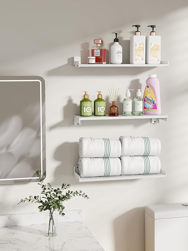 Floating Shelves for Wall, Shelves for Decor Storage Set of 6, Wall Mounted Wood Shelf for Bedroom, Living Room, Bathroom, Kitchen,Long Picture Ledge Shelves. (White)