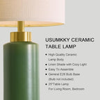 USumkky 25" Green Ceramic Table Lamp Set of 2, Modern Mid-Century Bedside Nightstand Lamps for Bedroom Living Room, Linen Shade & Gold Metal Base, Rotary Switch E26 (Bulbs Excluded)