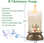 Christmas Snow Globe Candle with Timer & Music, Snowy Cabin Scene, Swirling Glittering Candle Shaped Snow Lantern, USB/Battery Operated Lighted Lantern for Christmas Decoration