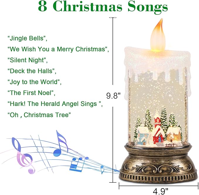 Christmas Snow Globe Candle with Timer & Music, Snowy Cabin Scene, Swirling Glittering Candle Shaped Snow Lantern, USB/Battery Operated Lighted Lantern for Christmas Decoration