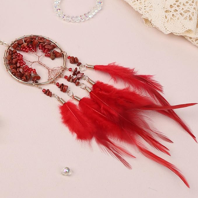 Pretty Jolly Small Tree of Life Crystal Stone Dream Catchers Red Feathers Mini Dreamcatchers for Cars Rear View Mirror Hanging Decoration Good Luck Travel Charm Bedroom Ornaments for Women Girls