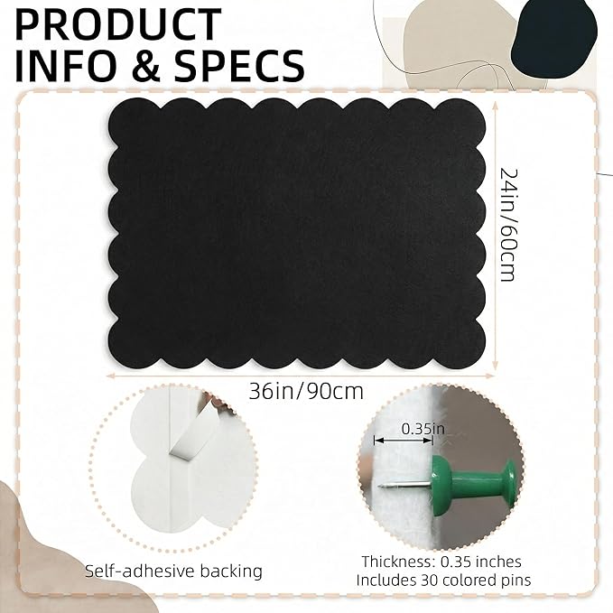 Scalloped Black Felt Bulletin Board 36x24 Inches - Self-Adhesive Foldable, with 30 Pushpins, Cork Board Alternative - Decorative Pin Board for Wall, Home, Office & School (Black, 36"x 24")