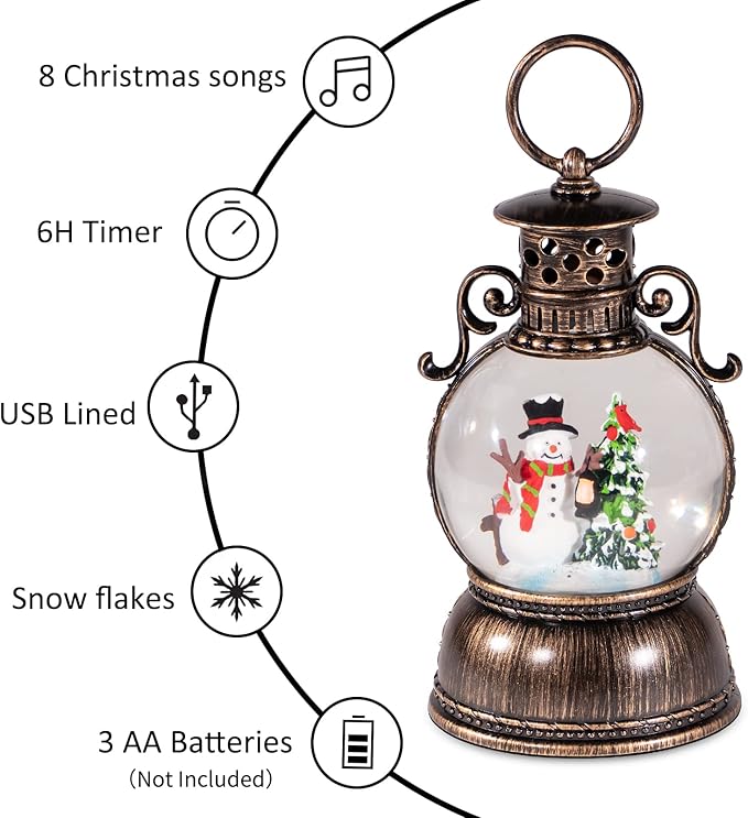 Christmas Snow Globes Lantern Musical,6H Timer Cylinder Glitter Snow Globe,Bronze Snow Globes Christmas with Music Box Including 8 Songs,Lantern with Xmas Tree Snowman Decor