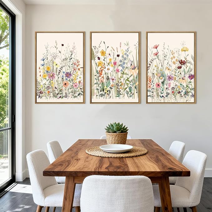 BINCUE Wildflower Wall Art Large Floral Wall Painting Neutral Print Pictures Framed Flower Wall Decor Wildflower Artwork Flowers Pictures Floral Art Prints for Living Room Bedroom Bathroom Farmhouse 24x36 Inches Set of 3 Gift