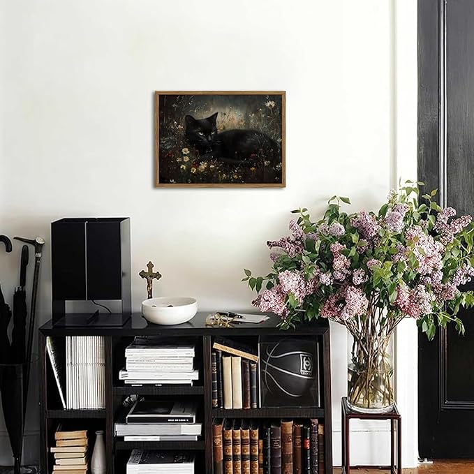 Framed Vintage Black Cat Canvas Wall Art, Gothic Dark Academia Cat Pictures Wall Decor, Moody Floral Animal Paintings Prints Cottagecore Home Decor for Living Room Bedroom Bathroom 16x24 inch