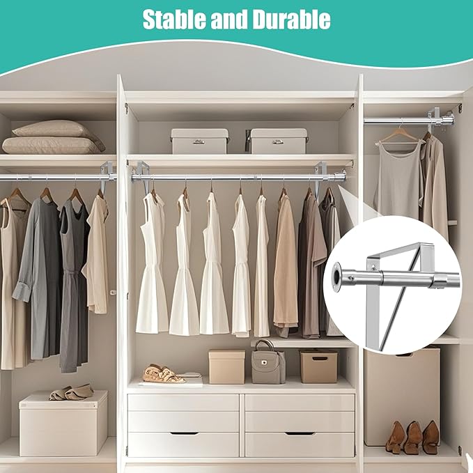 Closet Rod, 16 to 75 Inch Closet Rods Heavy Duty Adjustable Clothes Rods for Hanging Clothes and Heavy Duty Clothes Rod Bracket Closet Rod Support (The Shelf NOT Included) (Silver)